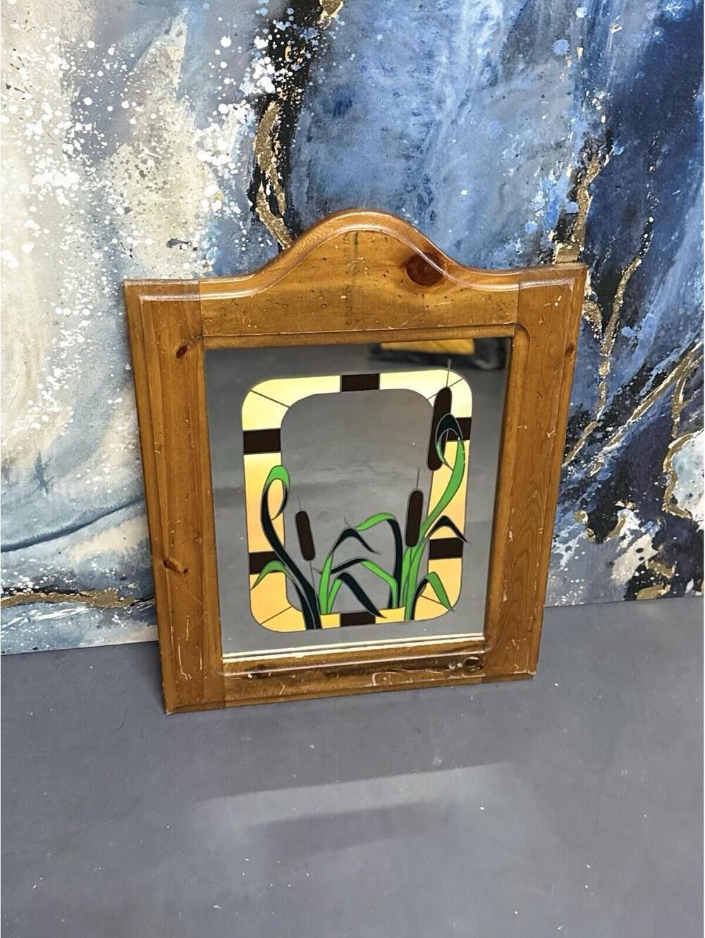 Vintage Stained Glass Cattails Plants Rectangle 80s Wall Mirror